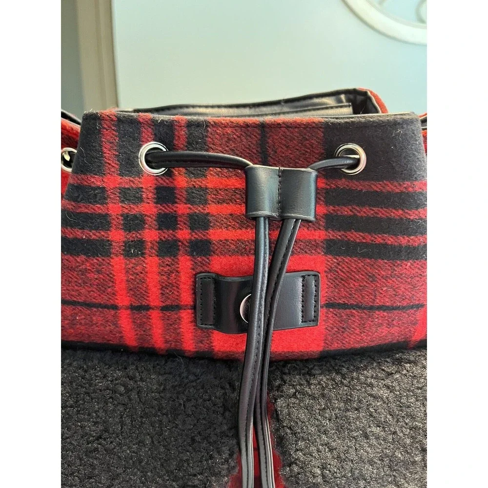 BEARPAW Faux Shearling Trim Drawstring Backpack, Red and Black Buffalo Plaid